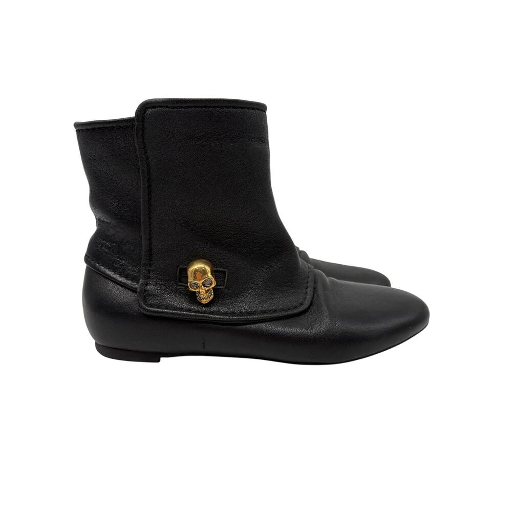 Alexander McQueen Black Leather Gold Skull Rhinestone Ankle Boots 5.5 36 Women